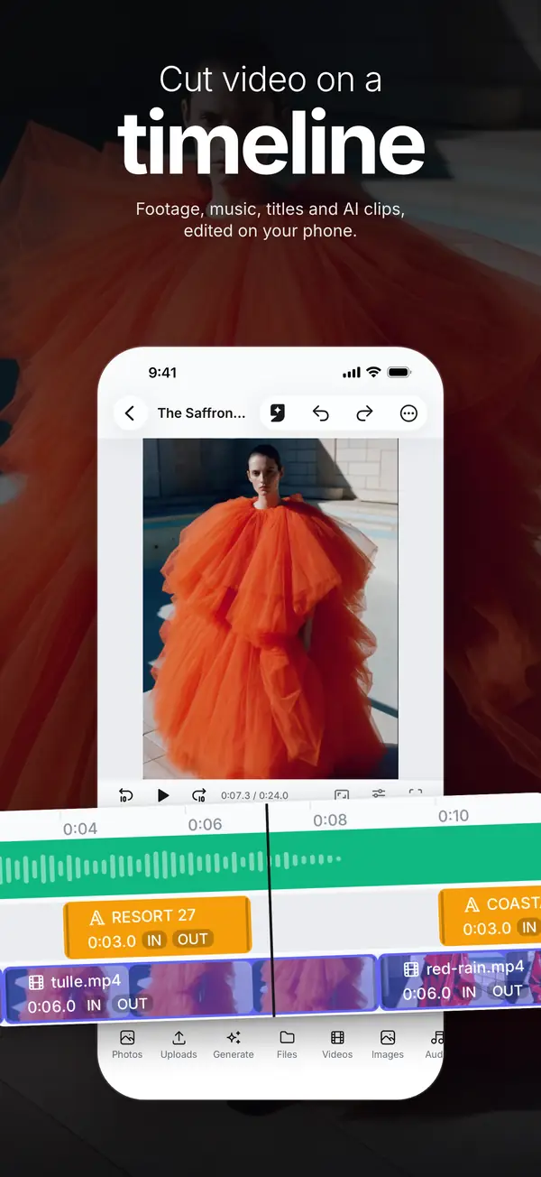 The Video Composer's timeline with clips, titles and music