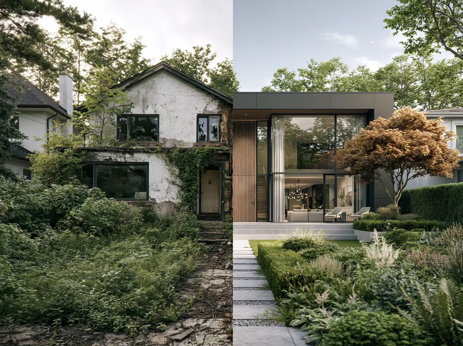 A house shown before and after renovation