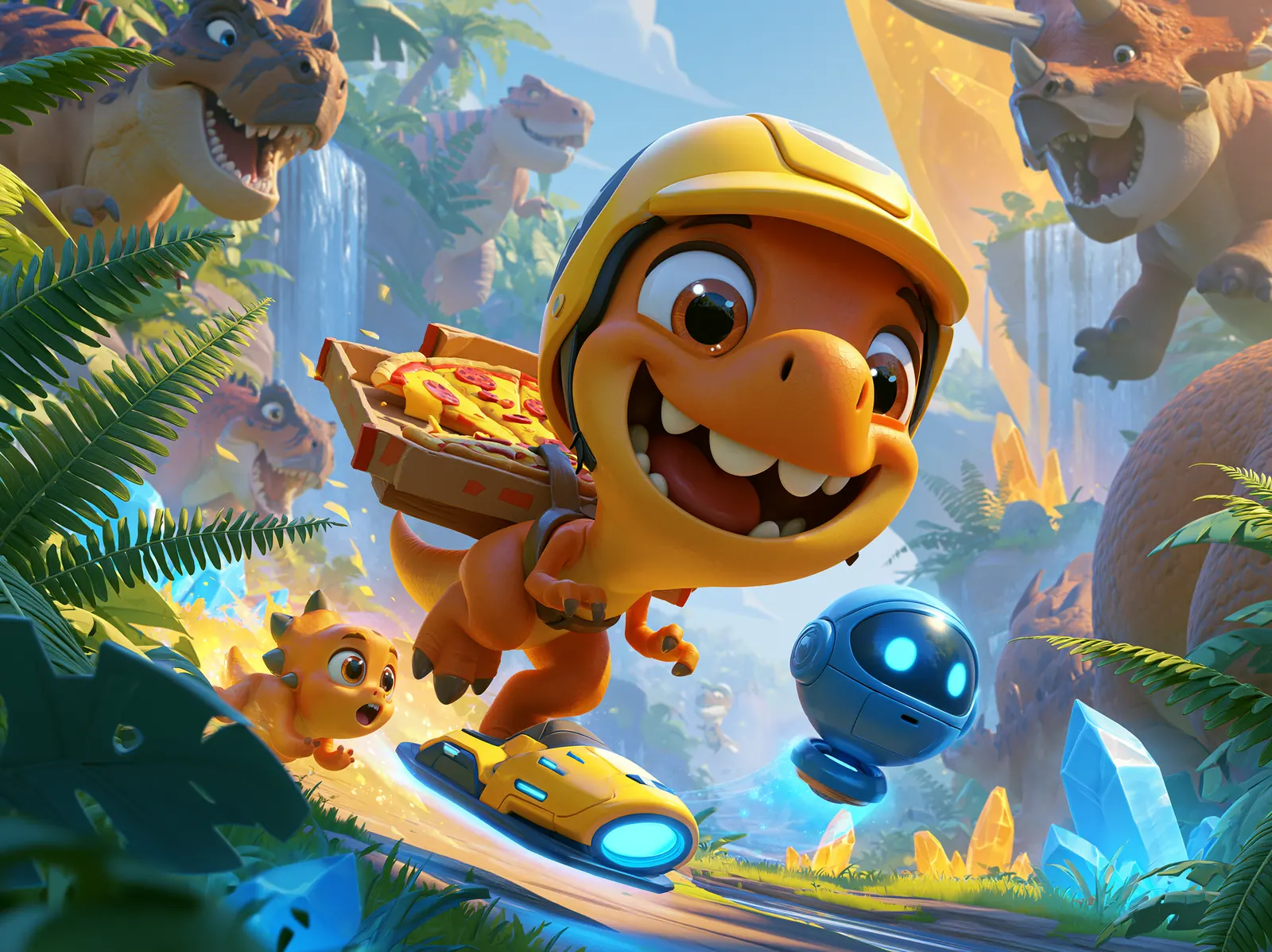 A stylised 3D dinosaur character mid-run