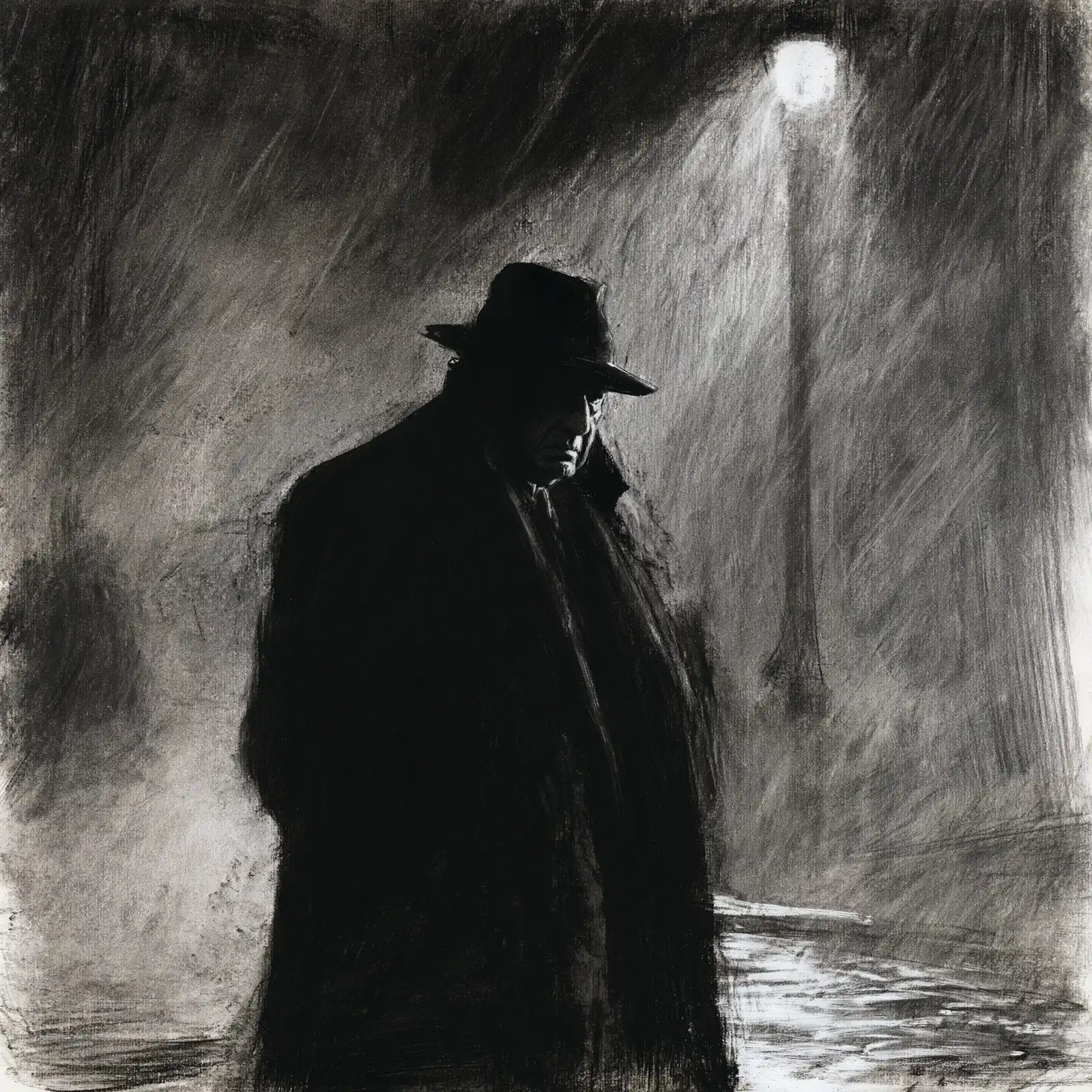 A charcoal drawing of a detective in the rain