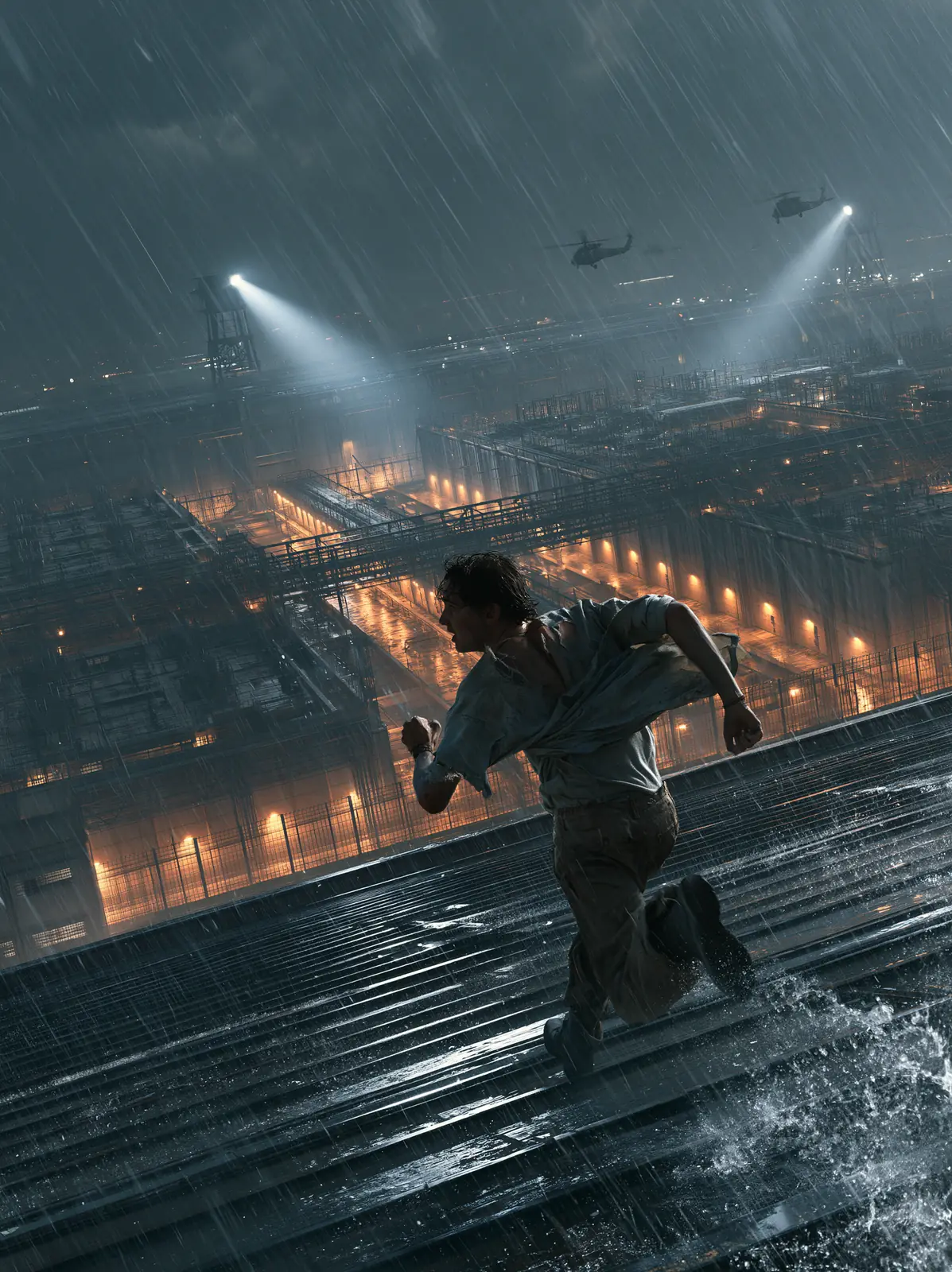 A figure running through rain-lit industrial light