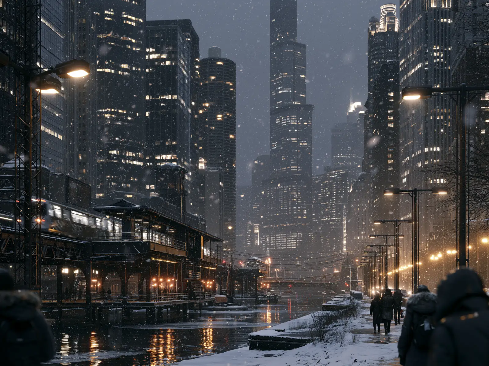 A city street in falling snow at night