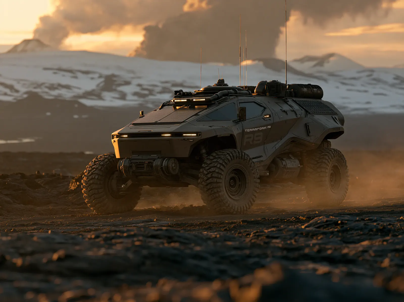 A concept vehicle running through desert dust