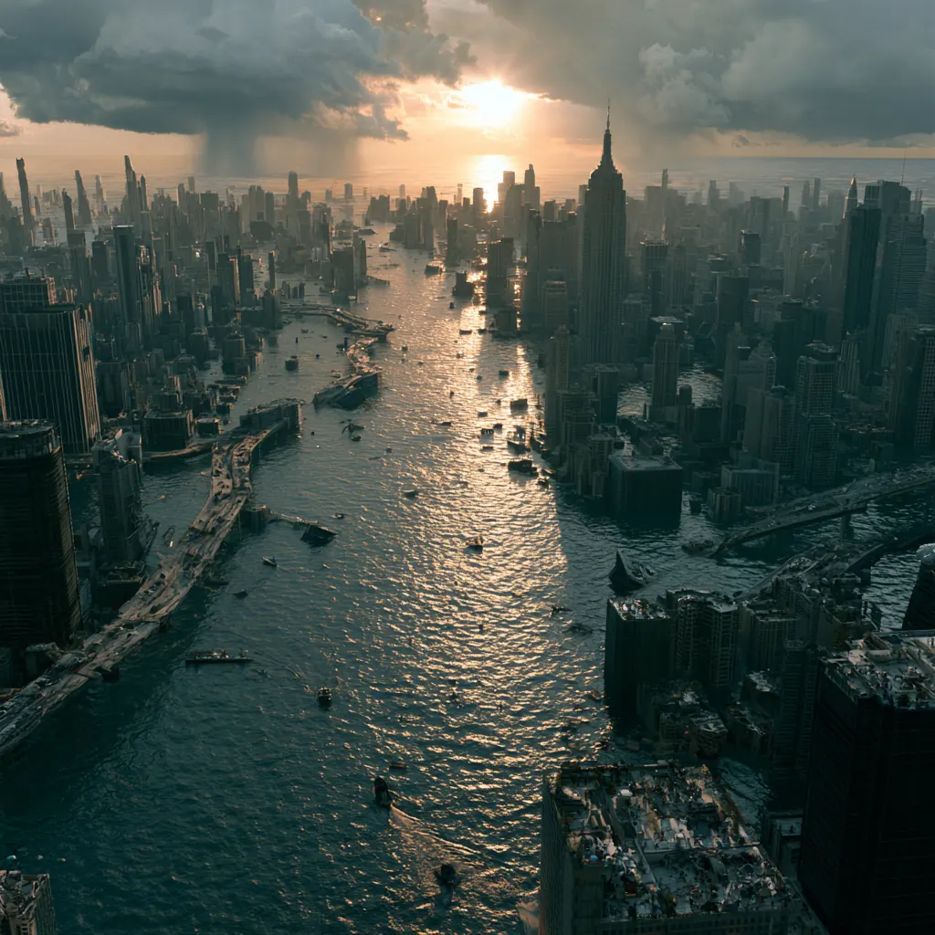 A flooded city street at sunrise