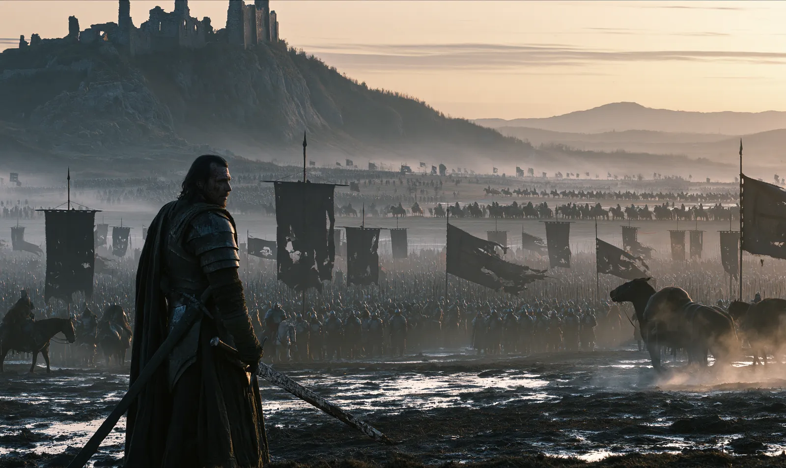 An army massed on a battlefield at dawn