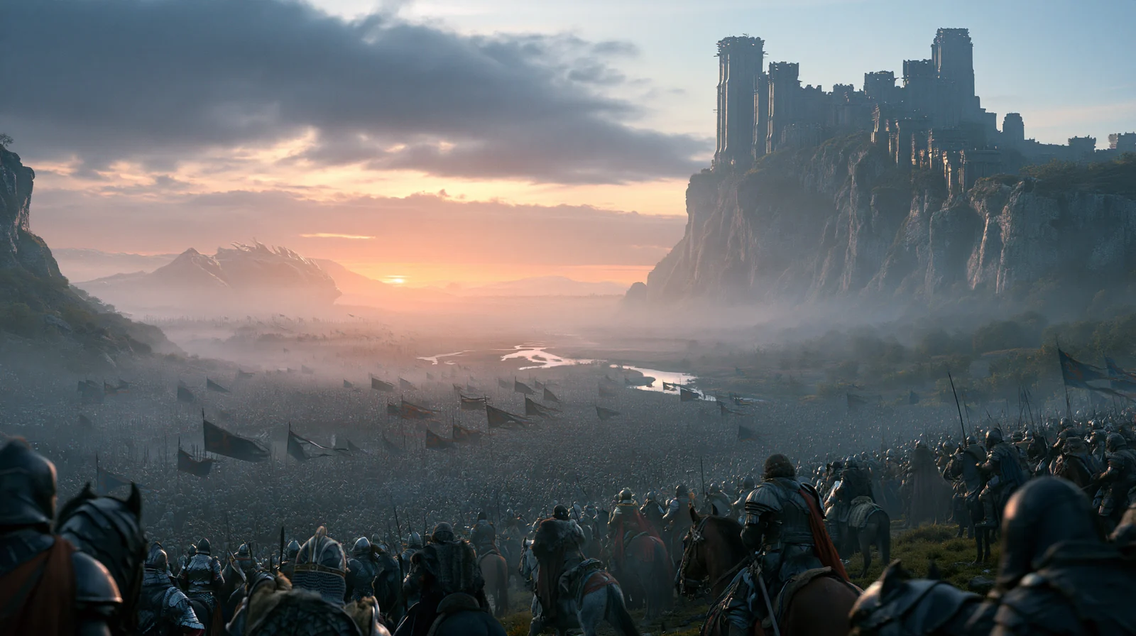 An army massed in a valley below a castle at dawn