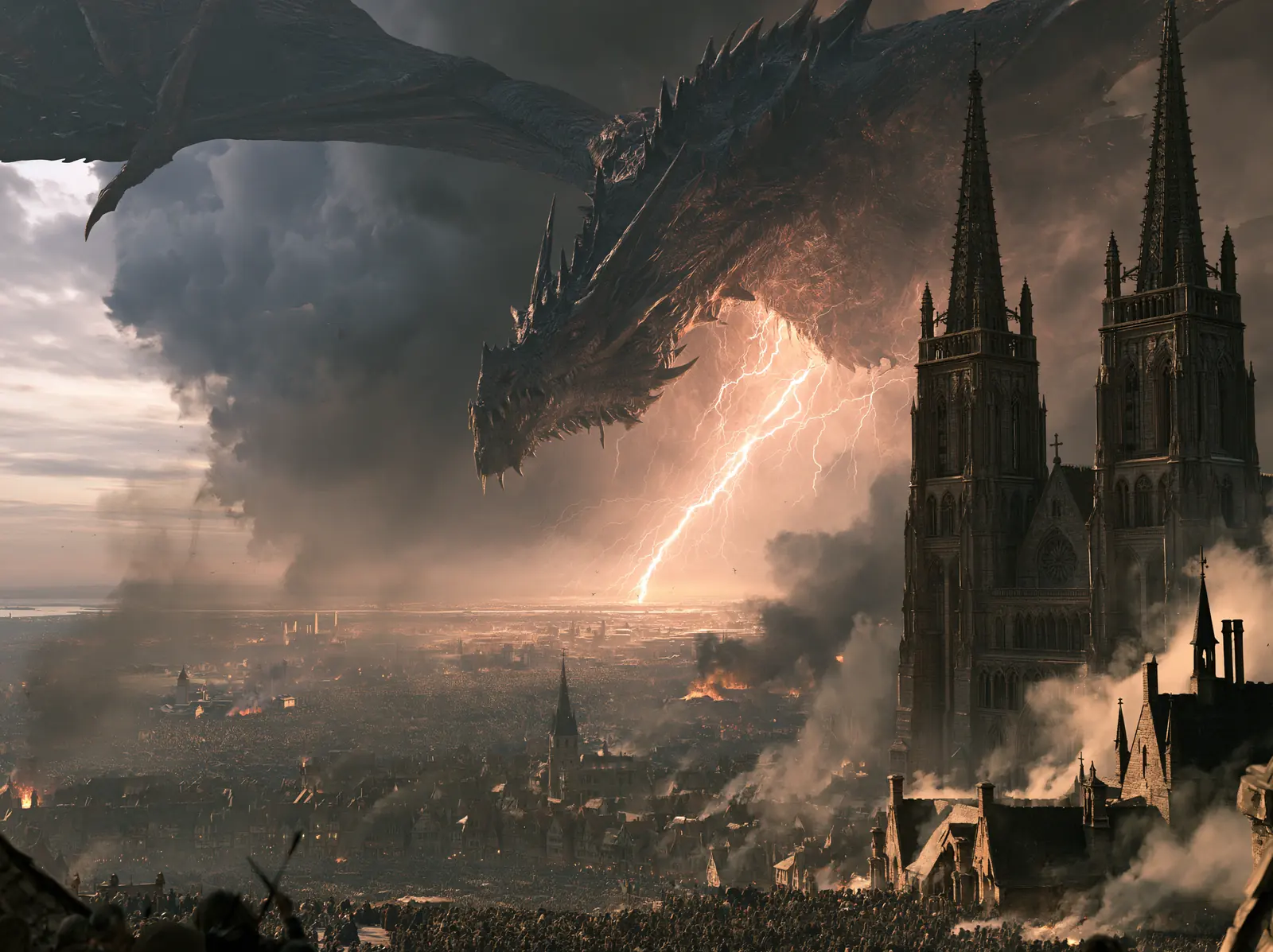 A dragon and lightning over a besieged city