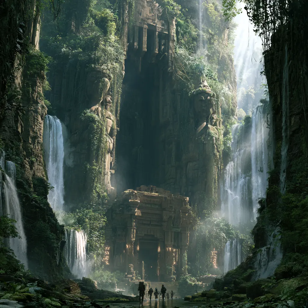A jungle temple built into a canyon wall