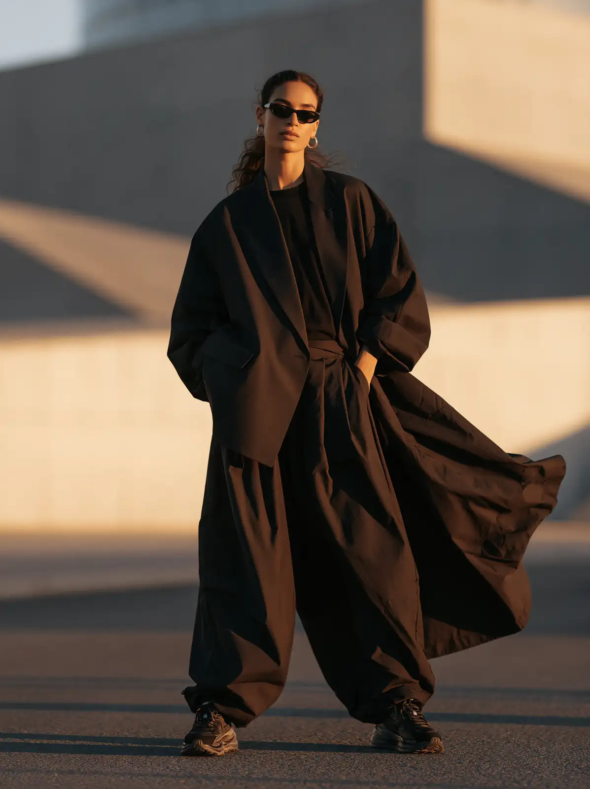 An editorial shot of a brown coat