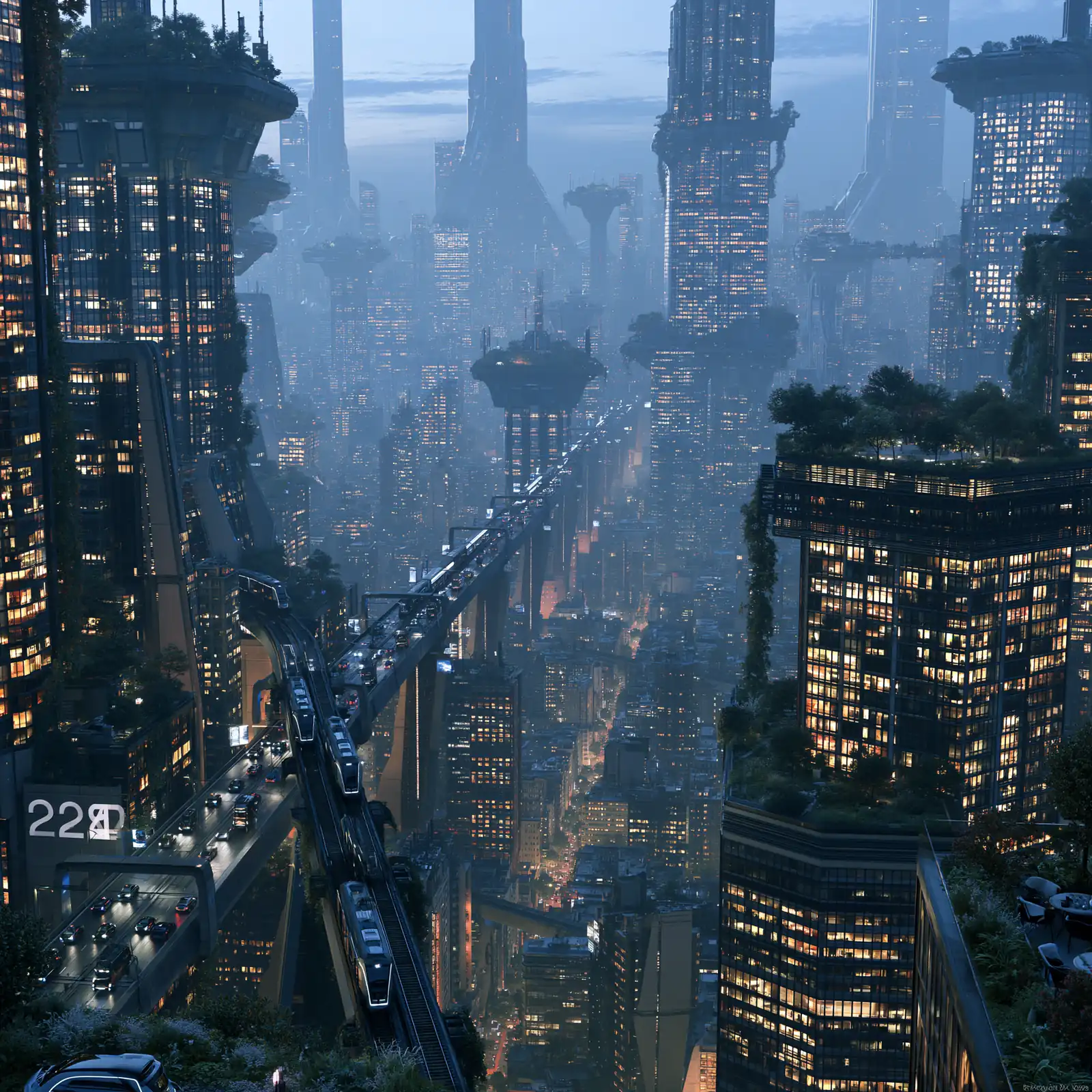 Elevated skyways threading a future city
