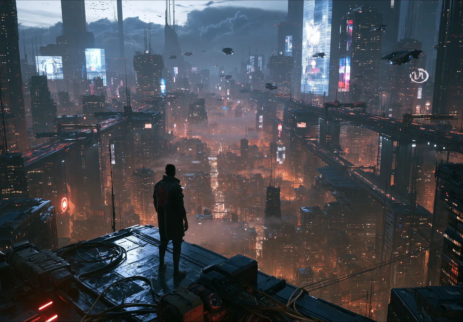 A cyberpunk megacity seen from a rooftop