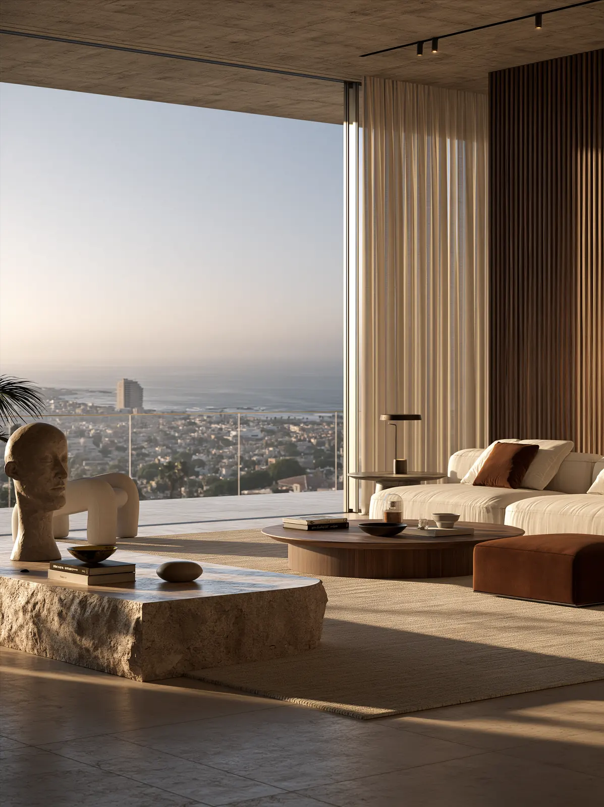A penthouse interior overlooking a city at sunset