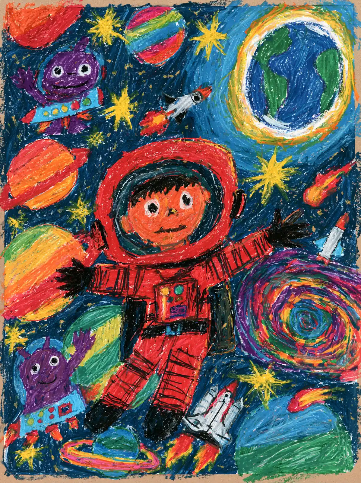 A child’s crayon drawing of an astronaut