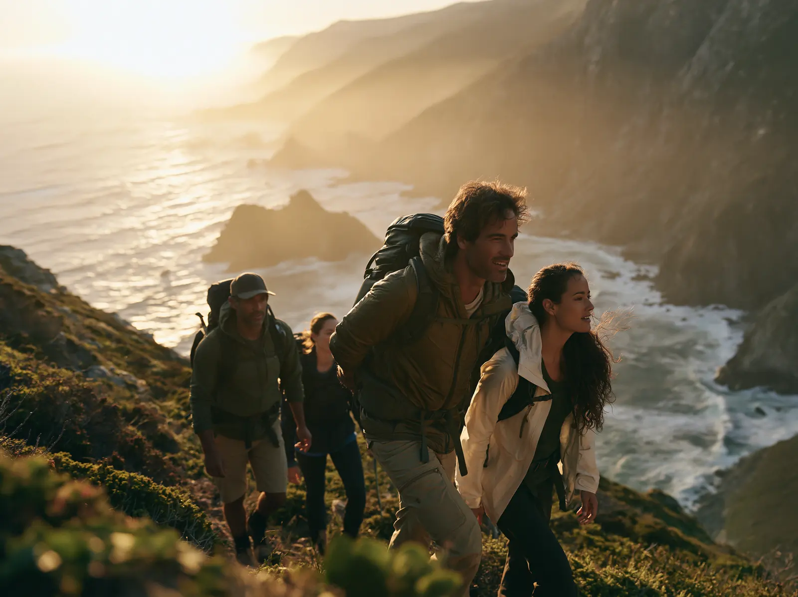 Hikers on a coastal ridge at sunset