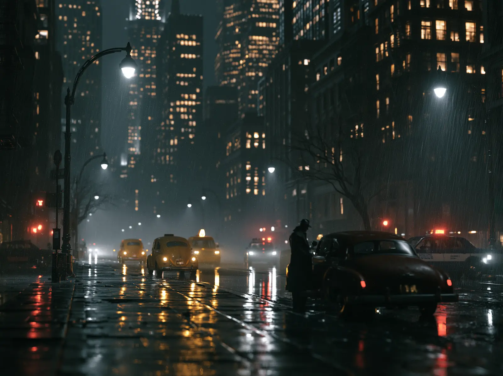 A rain-soaked noir street with vintage cars