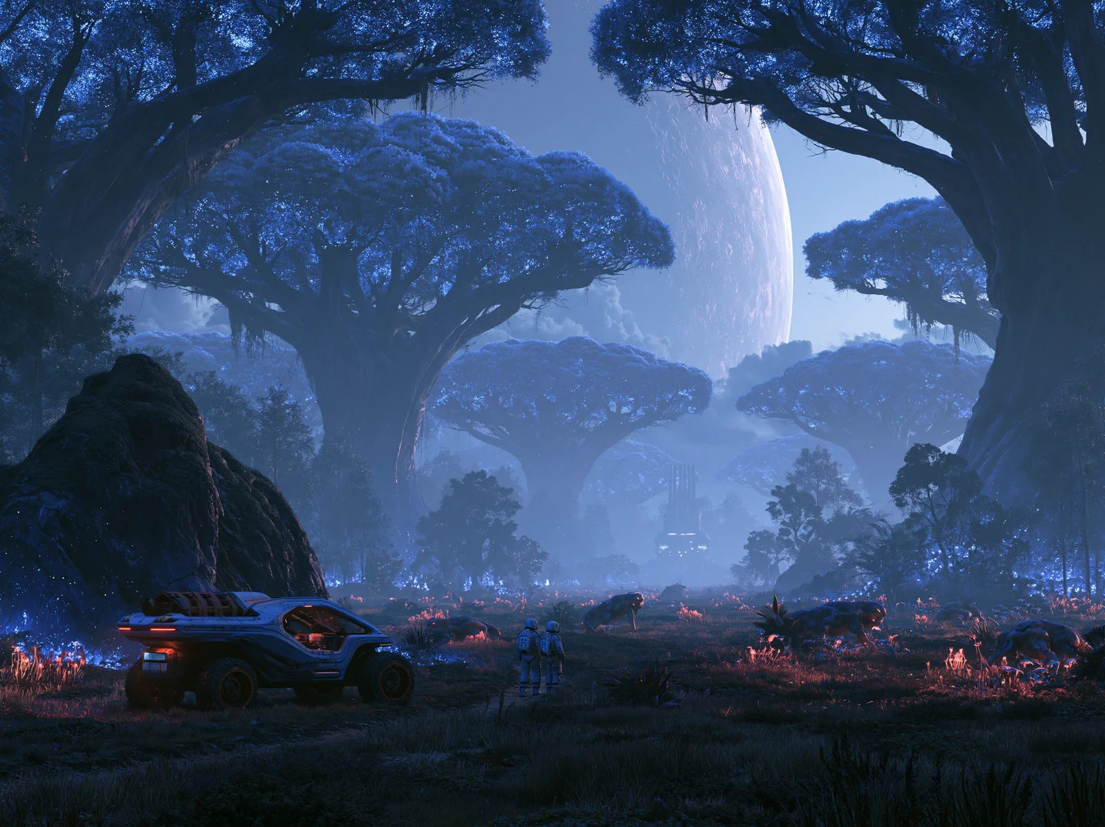 A rover picking through a bioluminescent alien jungle