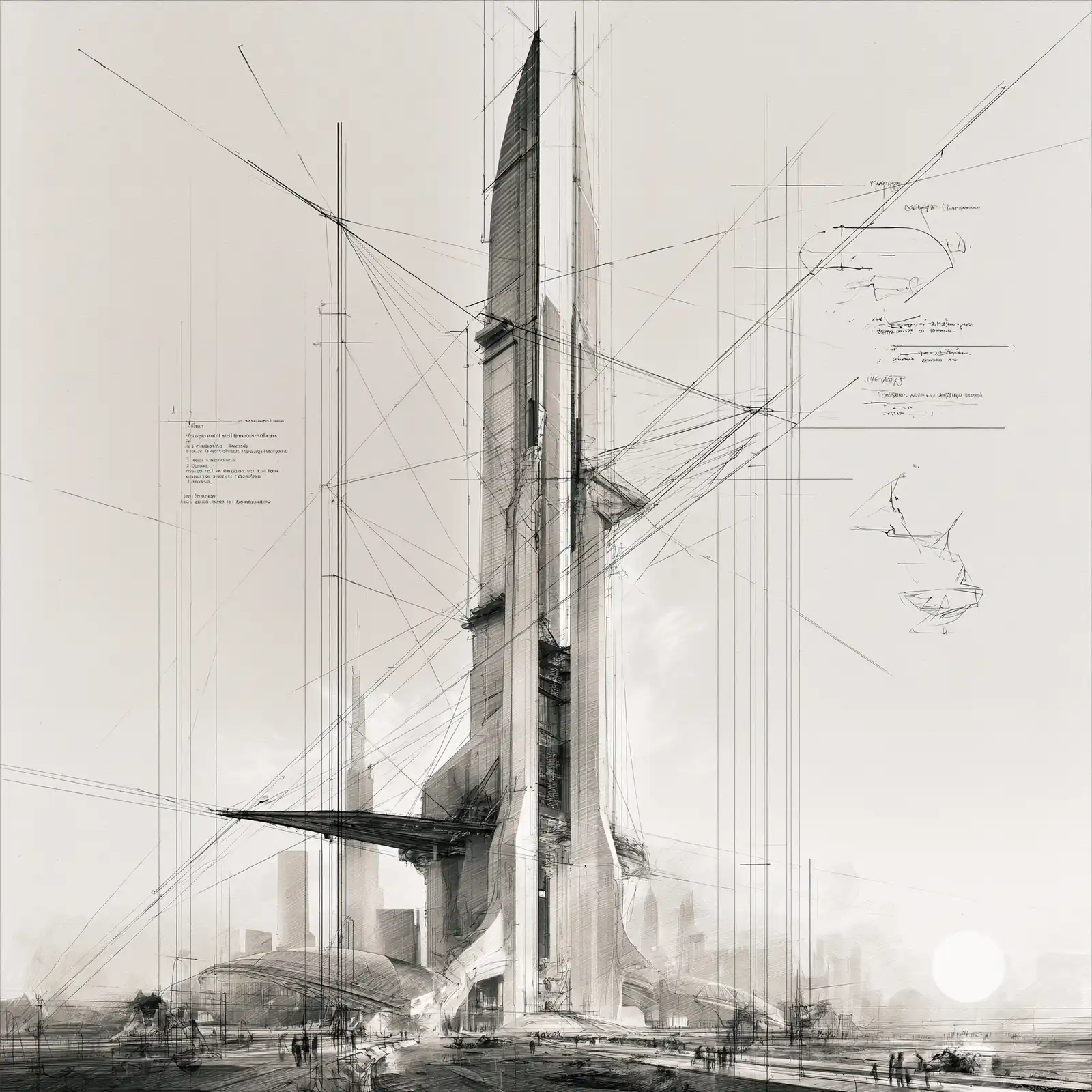 A pencil sketch of a tower under construction