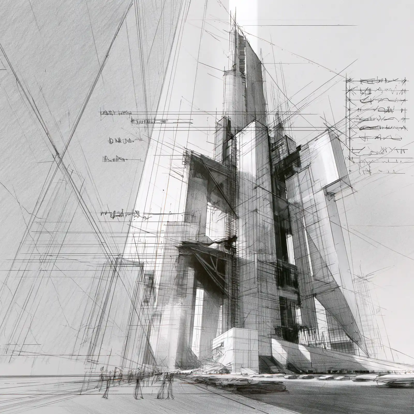 A pencil study of a tower elevation