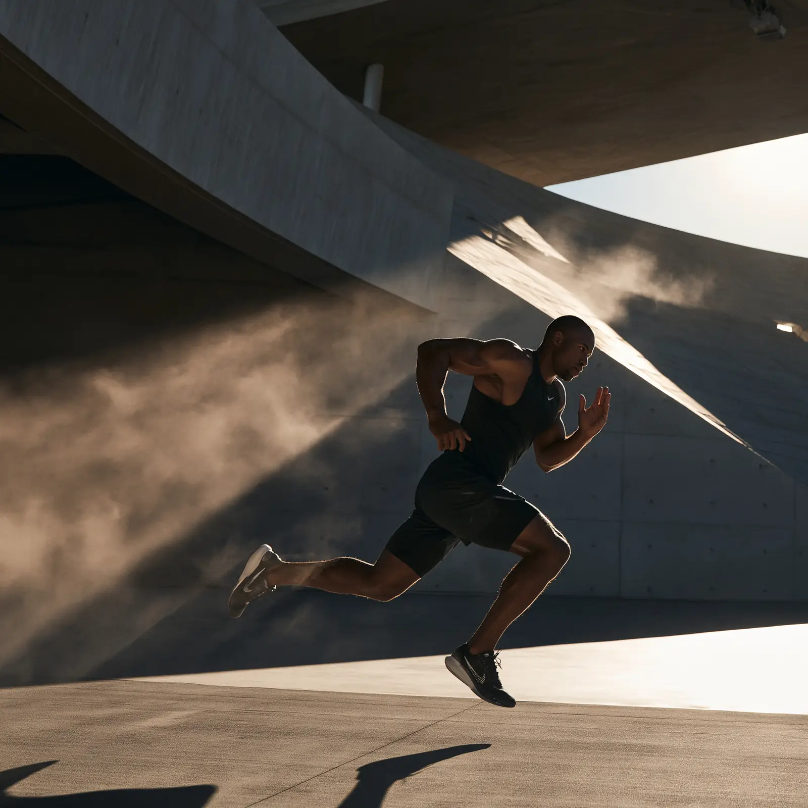 A sprinter mid-stride in raking light