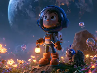 An animated astronaut on an alien meadow