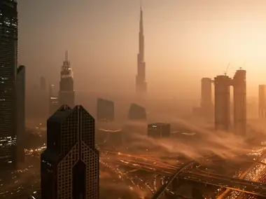 The Dubai skyline in golden haze