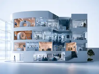 A cutaway view through a modern hospital