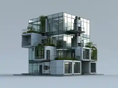 A modular green building rendered as a 3D model
