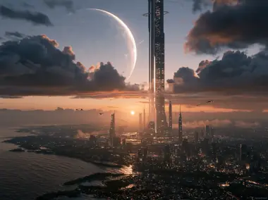 A spire city under a rising moon